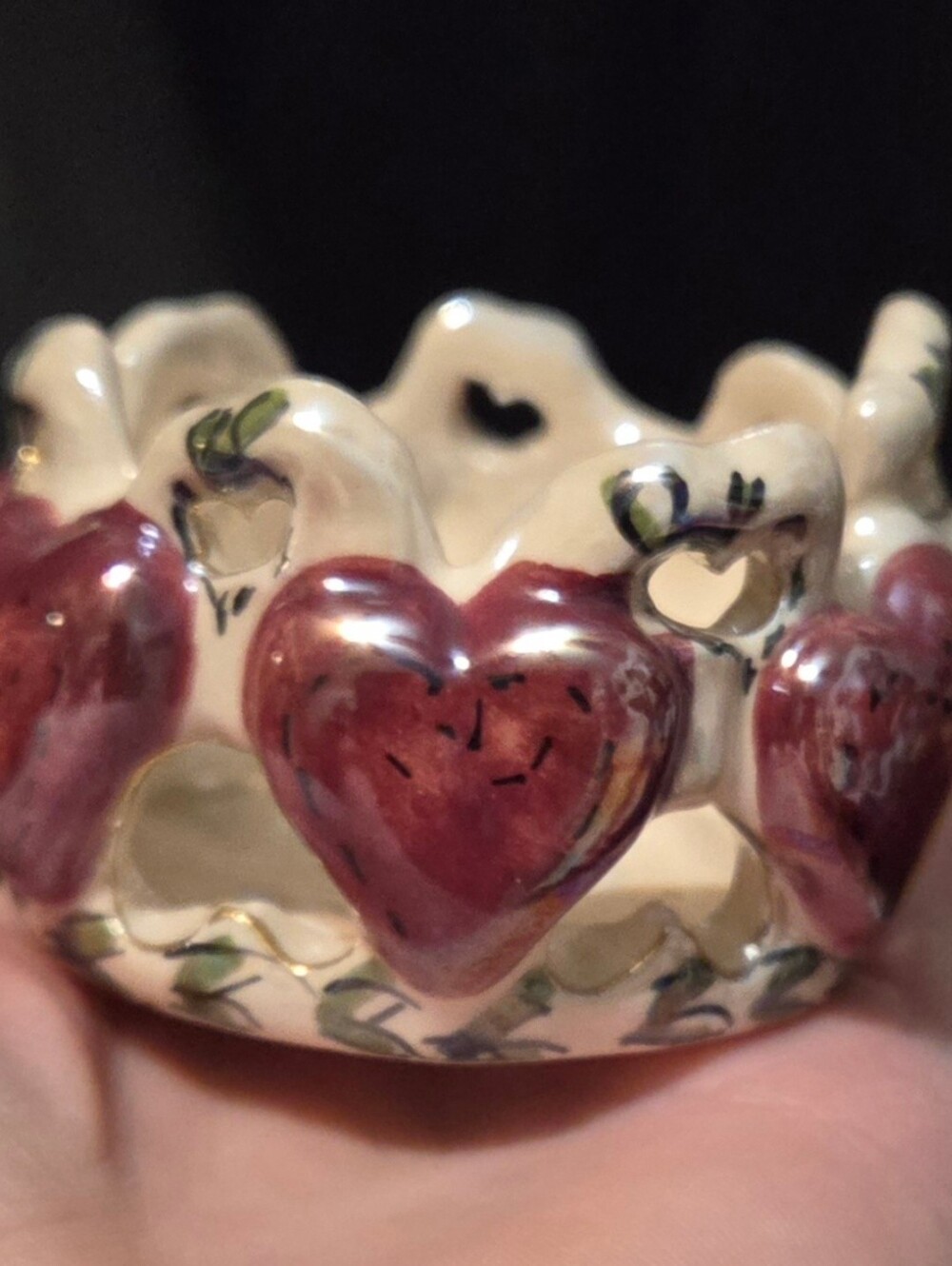 Blue Sky Clayworks by Heather Goldminc 2000 Tealight Holder with Hearts 2.5x1.5"